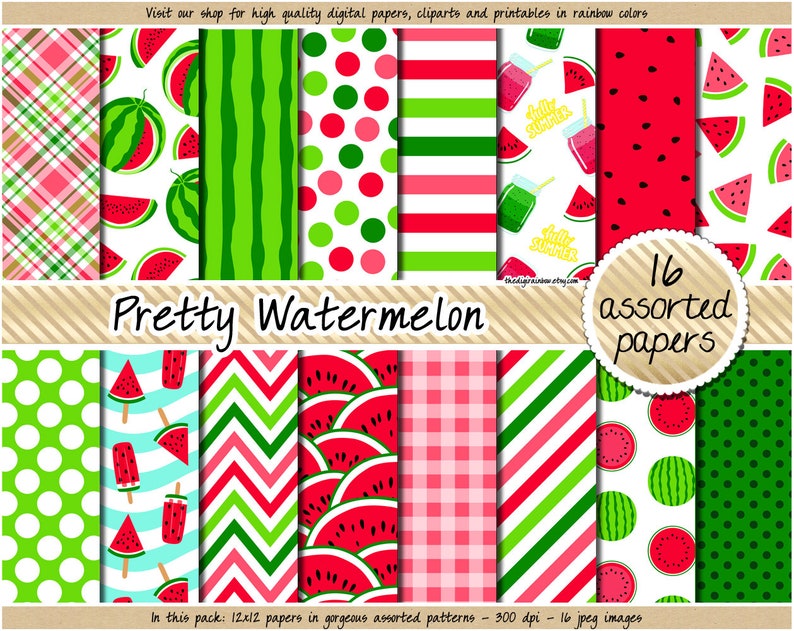 SEAMLESS Watermelon digital paper printable watermelon pattern pink green digital paper watermelon clipart summer background fruit applique image 1