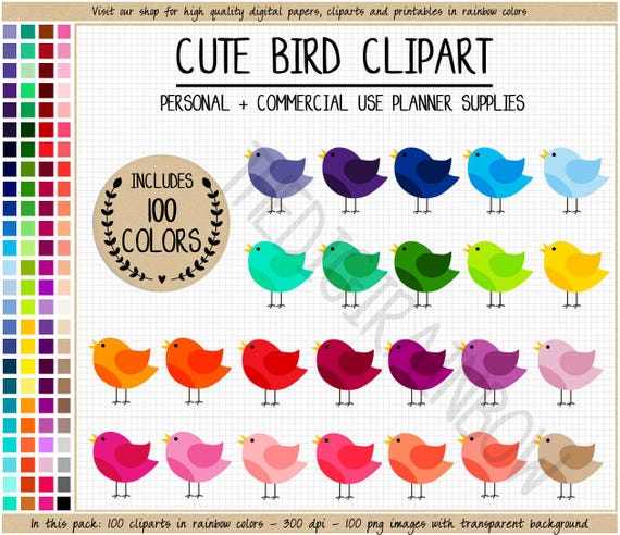 SALE 100 BIRD clipart printable Erin Condren bird planner stickers rainbow clipart whimsical animal clip art bird silhouette bright pastel