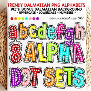 Alfabeto dálmata com bolinhas + fundo de bolinhas, textura dálmata sem costura, letras de bolinhas neon brilhantes para cachorro, uso comercial, sublimação, conjunto DTF