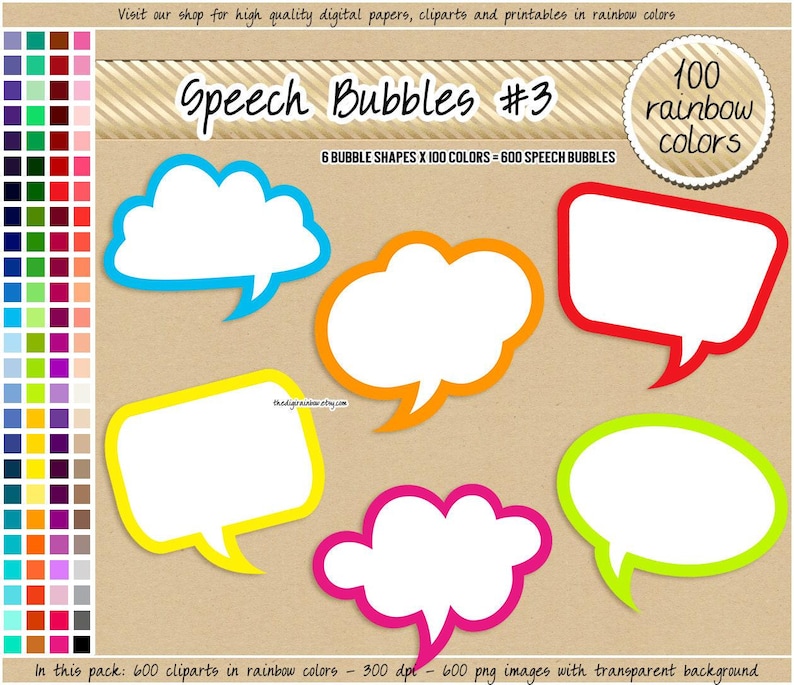 SALE 600 tekstballon clipart citaat digitale stickers stripboek frame regenboog klaslokaal afdrukbare plakboek heldere pastel fotohokje rekwisieten afbeelding 1