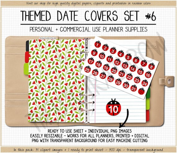 SALE Ladybug Date Covers spring date covers floral printable digital stickers lady bug clipart 1-31 number date dots bright summer stickers
