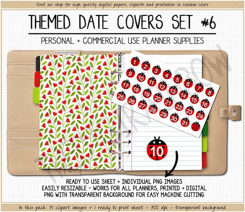 SALE Ladybug Date Covers spring date covers floral printable digital stickers lady bug clipart 1-31 number date dots bright summer stickers image 1