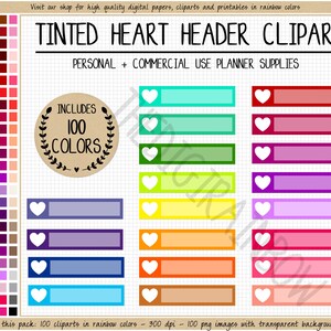 Verkauf 100 Herz HEADER Aufkleber Regenbogen Herz Clipart Herz Box digitale Planer Aufkleber druckbare Erin Condren Goodnote kommerzielle Nutzung Clipart