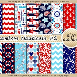Papel digital náutico sem costura para scrapbooking, clipart marinho, azul marinho e vermelho, estampa de bóia, âncora, coral, concha e estrela-do-mar. imagem 3
