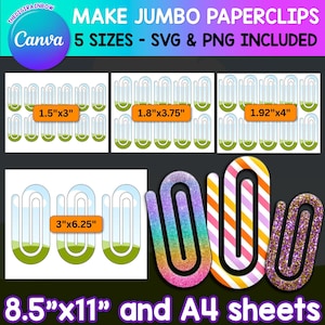 Szablon Jumbo Paperclip, edytowalny klips do papieru Canva SVG, niestandardowa zakładka SVG, przeciąganie i upuszczanie, szablon akrylowy laserowego spinacza do papieru, sublimacja PNG