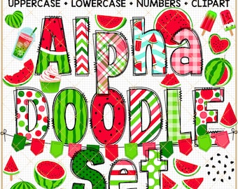 Watermelon Doodle Letters PNG Bundle Summer sublimation design Fruit font faux stitch alpha letters commercial use Mothers Day watercolor