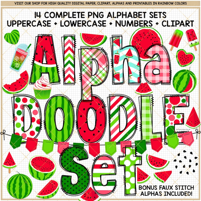 Watermelon Doodle Letters PNG Bundle Summer sublimation design Fruit font faux stitch alpha letters commercial use Mothers Day watercolor image 1