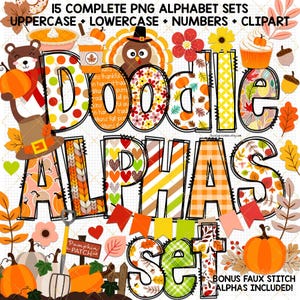 Pacote Alfabeto Doodle de Outono Fonte de Ação de Graças, clipart de alfabeto, ponto falso, letra PNG de sublimação, fonte floral, ponto, guingão, abóbora, padrão xadrez