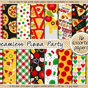 Papel digital de pizza, clipart de fiesta de pizza, comida italiana, impresión, patrón de álbum de recortes, fondo imprimible, queso, pepperoni, tomate, champiñones, pegatina