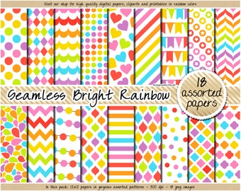 SEAMLESS rainbow digital paper printable pastel background bright rainbow clipart polka dot chevron heart stripes quatrefoil star pattern