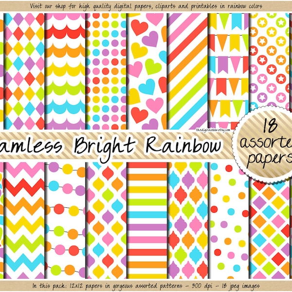 SEAMLESS rainbow digital paper printable pastel background bright rainbow clipart polka dot chevron heart stripes quatrefoil star pattern