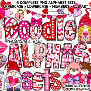 Alfabeto de garabatos del día de San Valentín, gnomo rosa, letras PNG, linda fuente femenina, diseño de álbum de recortes de osito de peluche, clipart de corazones de amor, impresión de labios rojos