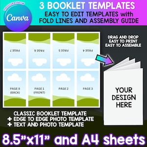 Könnte beinhalten: Grafik mit Canva-Broschürenvorlagen. Das Design umfasst ein Layout mit Seitenzahlen und Wolkenillustrationen sowie eine Mock-up-Broschüre. Der Text hebt die einfache Bearbeitung, den Druck und die Montage hervor, mit Optionen für A4-Blätter und 21,6 x 27,9 cm.
