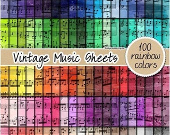 SALE 100 music sheet digital paper vintage watercolor digital paper rainbow music pattern scrapbooking printable old pastel neutral bright