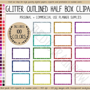 SALE 100 GLITTER half box sticker printable half box outlined glitter sticker rainbow glitter planner sticker bright glitter sticker clipart