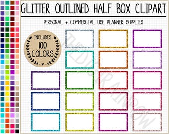 SALE 100 GLITTER half box sticker printable half box outlined glitter sticker rainbow glitter planner sticker bright glitter sticker clipart