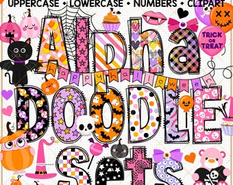 Pink Halloween Doodle Alphabet PNG font coquette bow pumpkin clipart witch black cat spooky candy cupcake Trick Or Treat sublimation letters