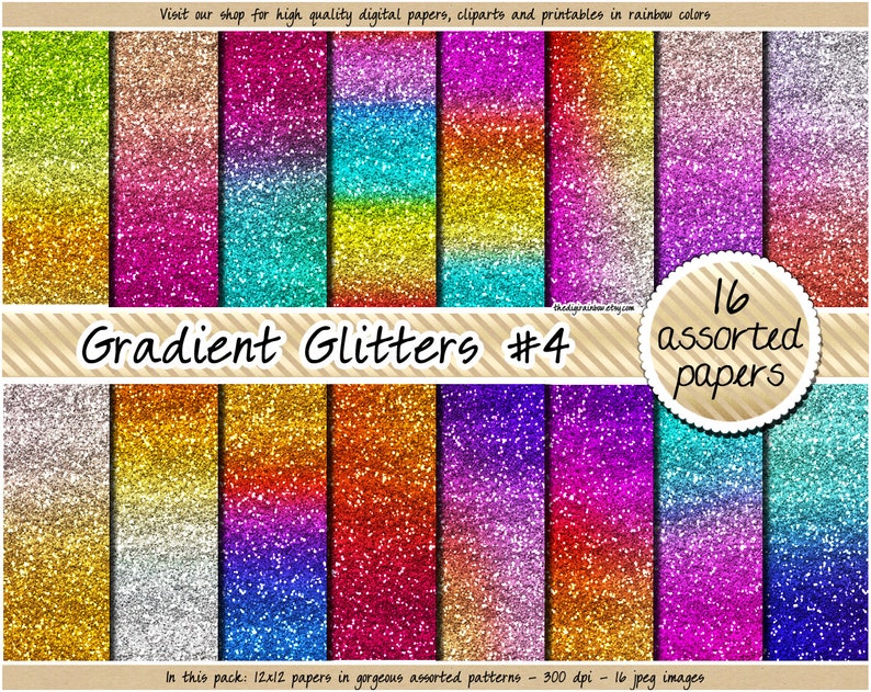 SALE Gradient glitter digital paper rainbow glitter digital paper ombre glitter metallic glitter background pink blue purple gold silver red image 1