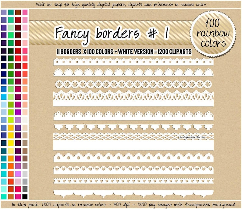 PROMOÇÃO 1200 clipart de borda ondulada, borda de renda, borda de coração, estrela, clipart de banner floral, 100 cores do arco-íris, scrapbook digital, borda do arco-íris imagem 1