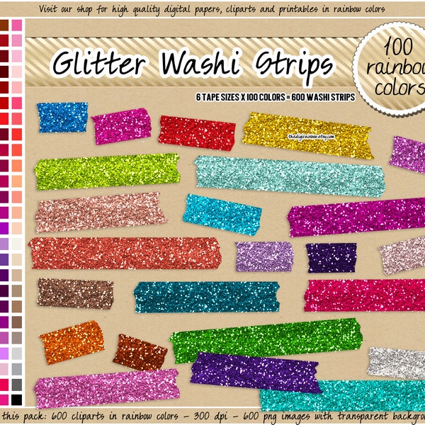 SALE 600 glitter washi tape clipart digital washi tape strips rainbow glitter washi tape printable glitter clipart glitter planner sticker