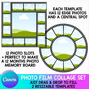 Film Photo strip Canva Editable Template, square negative film graduation cap topper, Printable photo album, circle collage frames drag drop