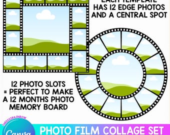 Film Photo strip Canva Editable Template, square negative film graduation cap topper, Printable photo album, circle collage frames drag drop