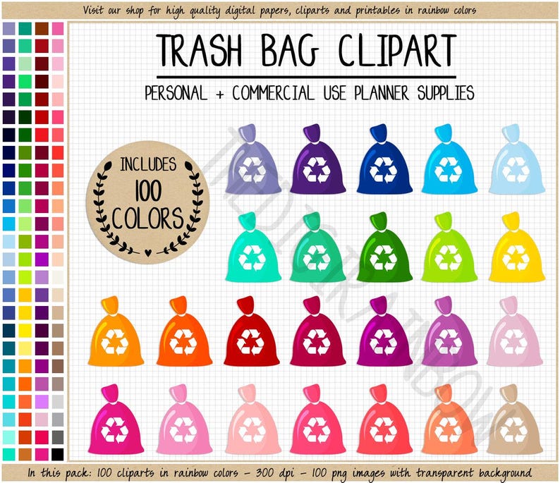SALE 100 TRASH BAG clipart garbage clipart house chores clipart house stickers cleaning planner stickers rainbow Erin Condren Happy Planner image 1