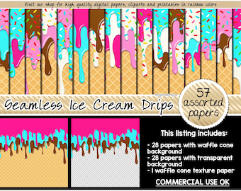 Seamless Ice Cream Drips digital paper trendy summer sublimation background pink blue chocolate sprinkle pattern doodle varsity baseball PNG