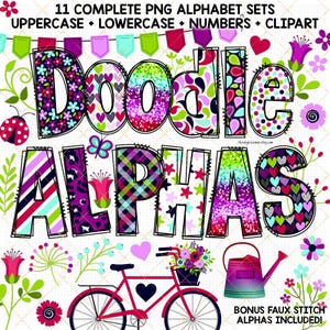 Paquete de letras de alfabeto con garabatos florales para el Día de la Madre, sublimación de letras PNG, clipart de flores de primavera, puntada falsa, brillo alfa, estampado de guepardo, álbum de recortes