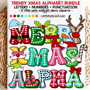 Alphabet de Noël rétro PNG polices groovy dot, lettre de noeud de Noël coquette, scrapbooking joyeux père noël elfe rouge vert bleu rose