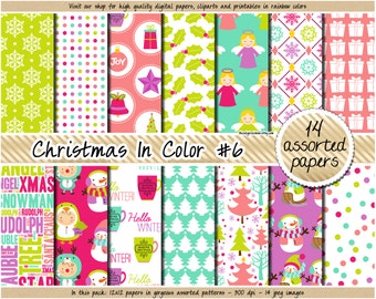 SALE christmas digital paper holiday digital paper word art snowman santa mistletoe star tree confetti clipart in pink blue green purple