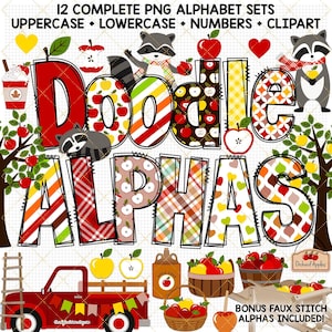Paquete de alfabeto de Apple Doodle, fuente PNG de otoño, maestro de escuela, puntada, alfabeto, aplique falso, álbum de recortes, letra, camión rojo, mapache, diseño de manzano