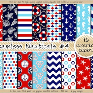 Nautical digital paper seamless digi scrabooking pattern marine clipart navy red scrapbook paper buoy anchor coral seashell starfish print