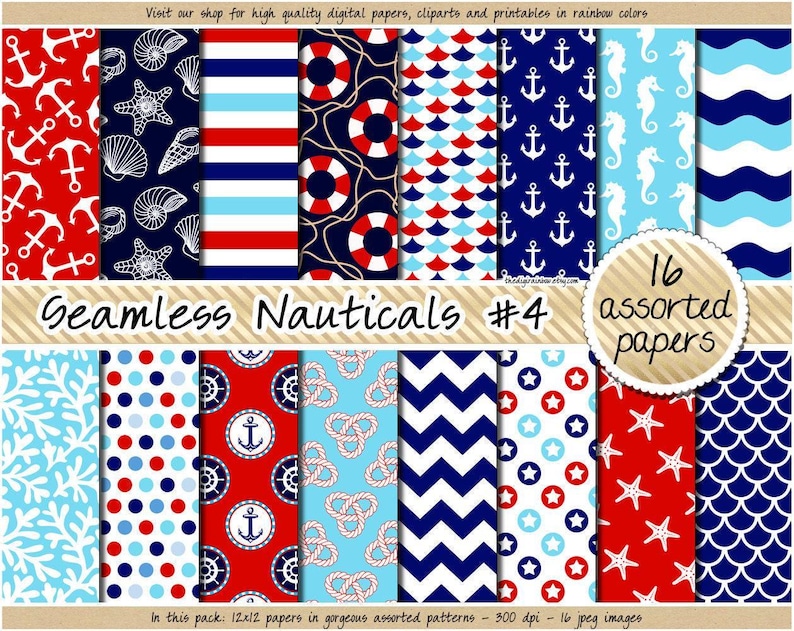 Papel digital náutico sem costura para scrapbooking, clipart marinho, azul marinho e vermelho, estampa de bóia, âncora, coral, concha e estrela-do-mar. imagem 1