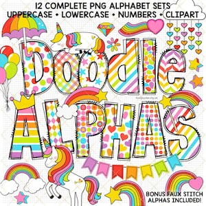 Alfabeto Arco-Íris PNG Letras de Unicórnio Fantasia Princesa alfa Ponto Doodle Scrapbooking Carta Varinha Mágica Estrela Cadente Coração Balão Clipart