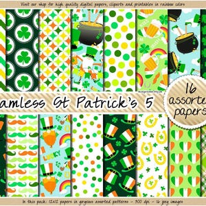 Shamrock digital paper Four Leaf Clover Seamless Repeat Pattern printable Saint Patrick's Day background Leprechaun Pot of Gold Beer Beard