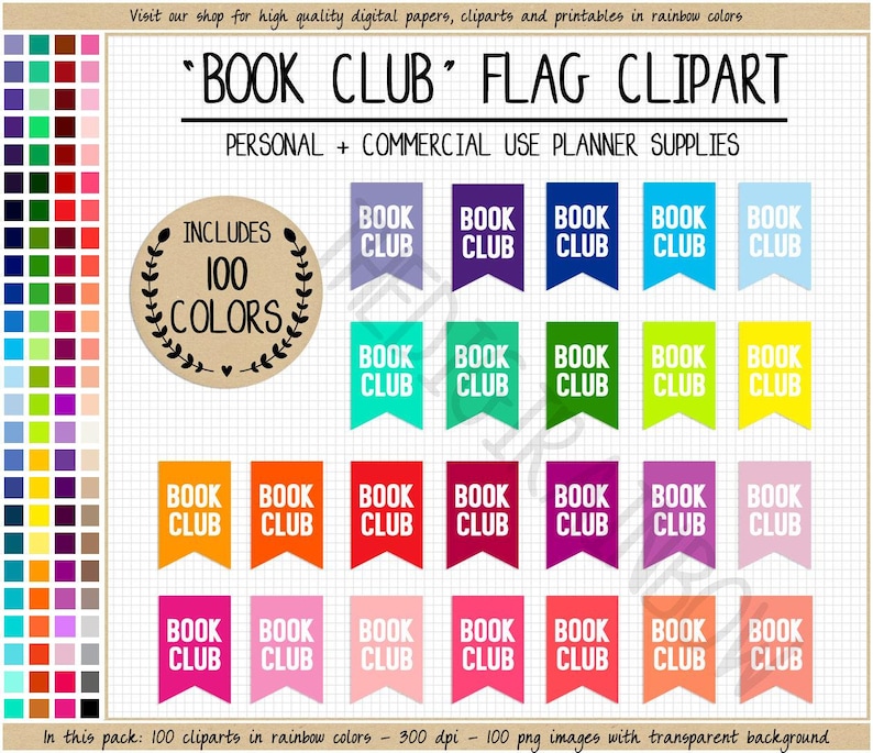 SALE 100 BOOK CLUB Clipart Book Club Sticker Library Clipart Printable ...