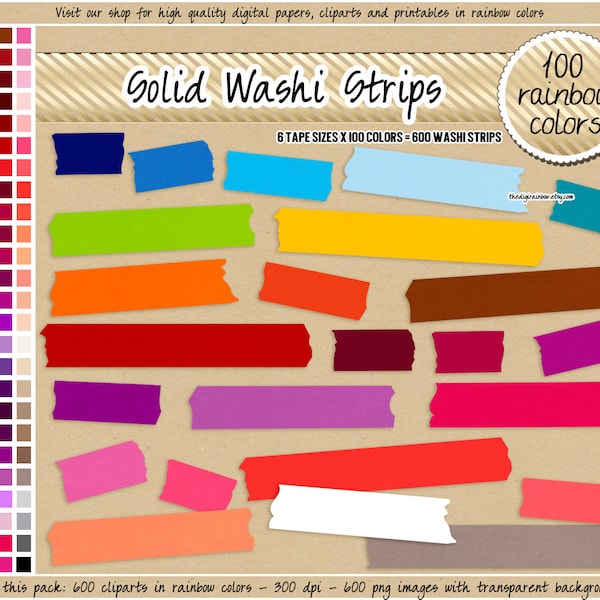 VENTE 600 Washi Tape clipart numérique bandes de washi tape arc-en-ciel washi ruban de riz washi imprimable ruban adhésif washi autocollant couleurs vives