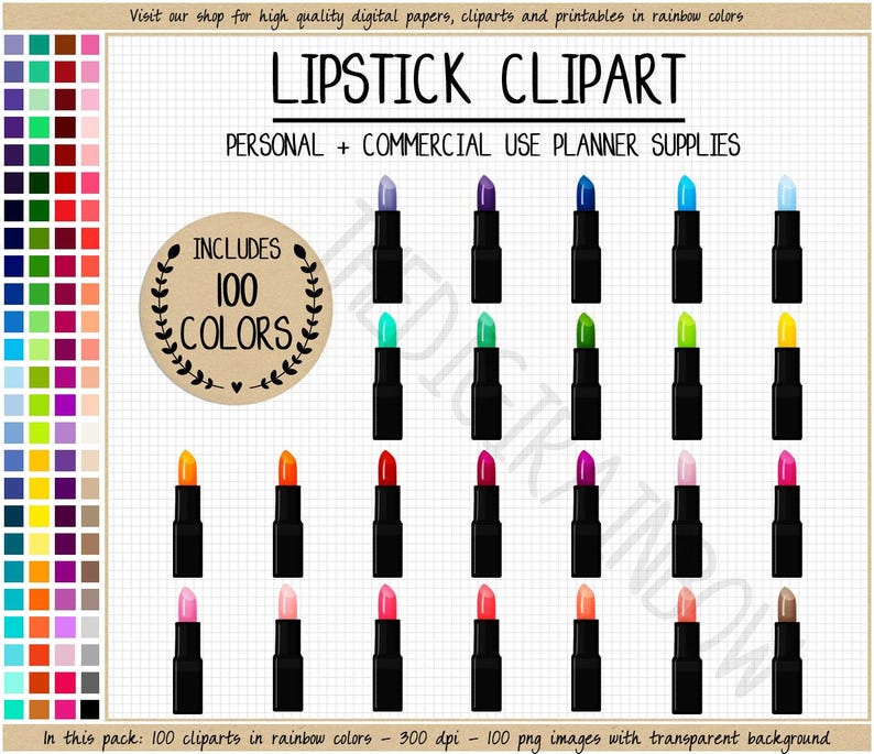 VENDITA 100 ROSSETTI clipart adesivi per rossetto adesivi per trucco rossetto arcobaleno grafica cosmetici clipart salone di bellezza clipart Erin Condren immagine 1