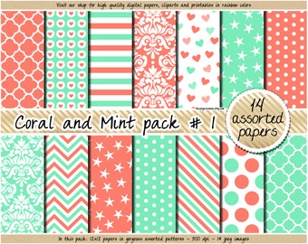 SALE coral and mint digital paper pastel digital paper scrapbooking in aqua mint coral peach chevron polka dots quatrefoil damask heart star