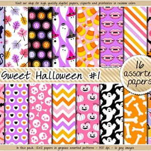 Pink Halloween digital paper Seamless pattern cute printable background spooky ghost pumpkin bat bone vampire cat heart scrapbooking