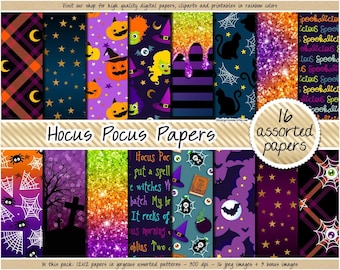 SALE Hocus Pocus digital paper seamless Halloween pattern glitter drip background witch hat clipart spell book jack-o-lantern bat spider