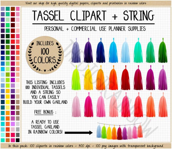 SALE 100 TASSEL clipart tassel stickers rainbow pom pom garland printable garland clipart Erin Condren planner clipart bright pastel clipart