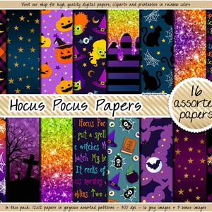 SPRZEDAŻ Hocus Pocus cyfrowy papier bez szwu Halloween wzór brokat kapanie tło czarownica kapelusz clipart zaklęcie książka jack-o-lantern nietoperz pająk