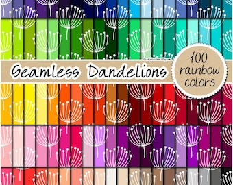 100 SEAMLESS dandelion digital paper rainbow flower pattern dandelion background white floral clipart printable scrapbook pastel sticker