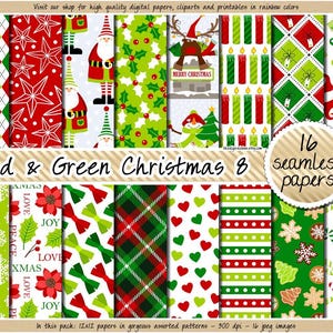 SEAMLESS christmas digital paper red and green plaid pattern santa gnome printable background candle stocking scrapbooking design clipart