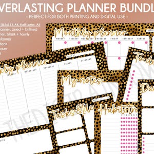 REA Leopardmönstrad veckoplanerare för skrivbordet Utskrivbar kalender guldfärgad månadsplanerare odaterad digital planerare vanespårare att-göra-lista Anteckningsblock