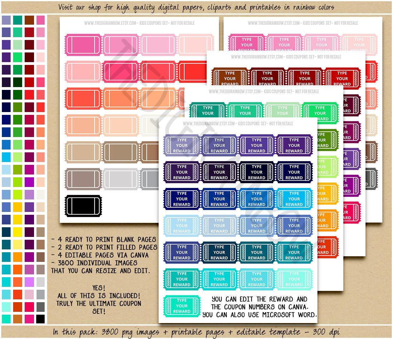 EDITABLE REWARD COUPONS Clipart Printable Reward Tickets Rainbow Blank ...