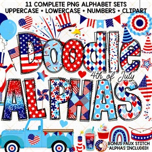Alfabeto Doodle del 4 de julio, fuente PNG patriótica, clipart de bandera estadounidense, paquete alfa de puntada falsa de EE. UU., rayas de estrellas, letras de transferencia por sublimación