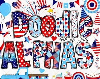 4th of July Doodle Alphabet Patriotic PNG font American flag clipart USA faux stitch alpha bundle star stripes sublimation transfer letters